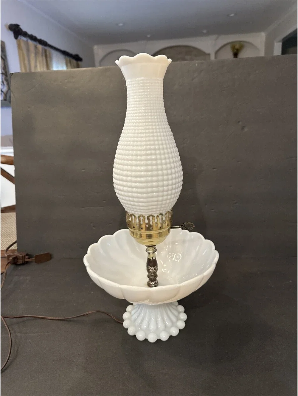 Rare Vintage Milk Glass Hurricane Lamp Bowl Trinket Base 17.5” H By 9” W Gold